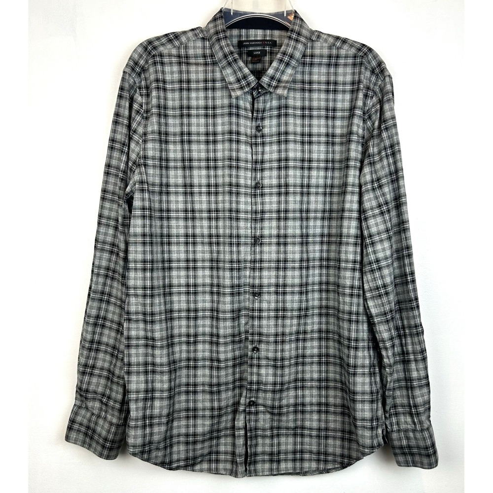 John Varvatos Plaid Shirt Mens Large Black Grey Button Up Casual USA Preppy Luxe